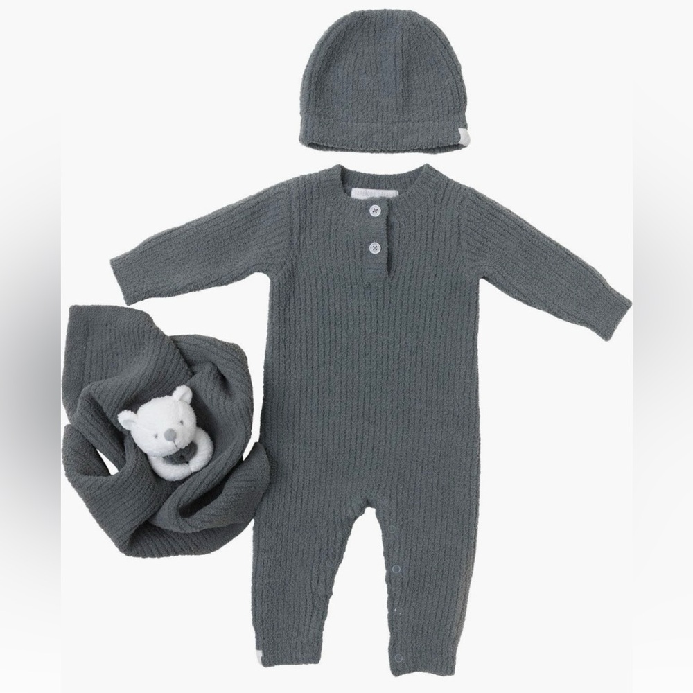 NIB Barefoot Dreams CozyChic Ribbed Romper, Buddie Blanket & hat -Agave